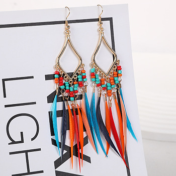 Bohemian Style Alloy Glass Seed Beaded Feather with Rhombus Chandelier Earrings, Golden, Colorful, 120mm