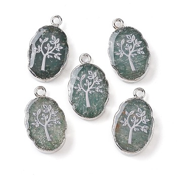 Natural Green Aventurine Oval Pendants, Platinum Plated Brass Oval Charms with Tree, 22~22.5x13~13.5x4.5mm, Hole: 1.6~1.8mm