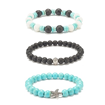 3Pcs 3 Style Natural & Synthetic Mixed Gemstone Beaded Stretch Bracelets Set with Alloy Starfish for Women, Inner Diameter: 2-1/8 inch(5.4cm), 1Pc/style