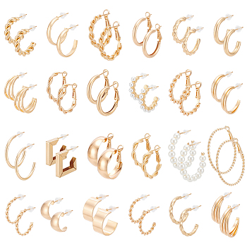 24 Pairs Zinc Alloy Stud Earring & Hoop Earring Sets, Ring & Twist, with Imitation Pearl, Golden, 20~40.5x20~40.5x2.8mm