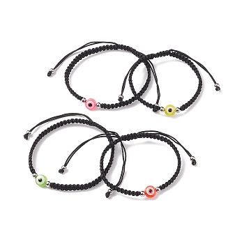 2Pcs 2 Style Resin Evil Eye Braided Bead Bracelets Set, Black Couple Adjustable Bracelets for Parent and Child, Mixed Color, Inner Diameter: 1-7/8~4 inch(4.8~10.2cm), 1Pc/style
