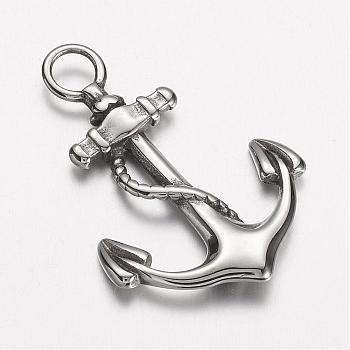 Tarnish Resistant 304 Stainless Steel Pendants, Anchor, Stainless Steel Color, 39x27x3mm, Hole: 5mm