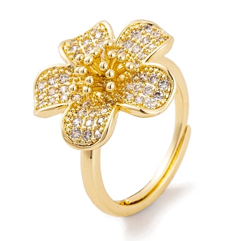 Brass Micro Pave Cubic Zirconia Rings, Flower Adjustable Ring for Women, Lead Free & Cadmium Free, Golden, Adjustable