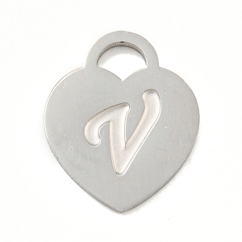 Non-Tarnish 304 Stainless Steel Pendants, Laser Cut, Heart with Letter Charm, Stainless Steel Color, Letter V, 15x12x1mm, Hole: 3x3.5mm