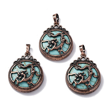 Synthetic Turquoise Pendants, Flat Round Brass Charms, Lead Free & Cadmium Free, 34.5x27x8mm, Hole: 6.5x5mm