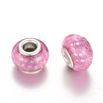 Resin European Beads, Large Hole Beads, with Silver Color Plated Brass Cores, Rondelle, Plum, 14x9~9.5mm, Hole: 5mm