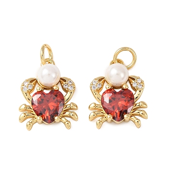 Brass Micro Pave Cubic Zirconia Pendants, with ABS Plastic Imitation Pearl, Crab Charms, Cadmium Free & Lead Free, Rack Plating, Long-Lasting Plated, with Jump Ring, Real 18K Gold Plated, 15x12.5x6mm, Hole: 3.5mm