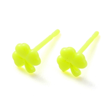 Eco-Friendly Plastic Stud Earrings, Shamrock, Green Yellow, 5.5x5.5x1mm, Pin: 0.8mm