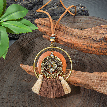 Bohemian Alloy & Wood Pendant Tassel Imitation Leather Cord Long Necklaces for Women, Antique Bronze, Peru, Flat Round, 15.75 inch(40cm)