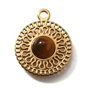 304 Stainless Steel Pave Natural Tiger Eye Pendants, Flat Round Charms, Golden, 18.5x15.5x4~4.5mm, Hole: 1.9mm