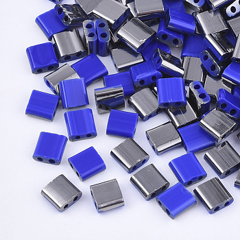 2-Hole Glass Seed Beads, Half Gunmetal Plated Colours, Square, Blue, 5x4.5~5.5x2~2.5mm, Hole: 0.5~0.8mm, about 118pcs/10g
