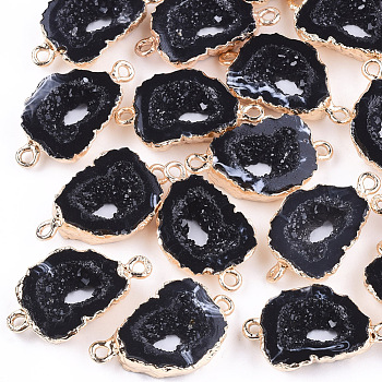 Electroplate Druzy Resin Links connectors, with Iron Findings, Nuggets, Black, 26x15~16x6~7mm, Hole: 1mm