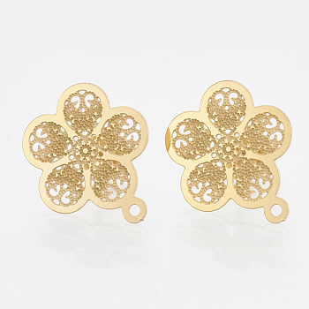 304 Stainless Steel Stud Earring Findings, with Loop, Flower, Golden, 18x15.5mm, Hole: 1mm, pin: 0.7mm
