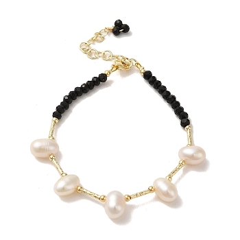 Natural Pearl & Glass & Brass Beaded Bracelet, Real 14K Gold Plated, 6-3/4 inch(17.2cm)