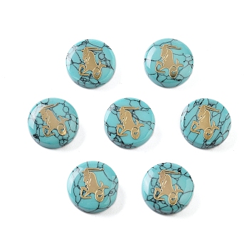 Synthetic Turquoise Beads, with Golden Tone Brass Slices, Flat Round with Constellations, Capricorn, 15x5mm, Hole: 1mm