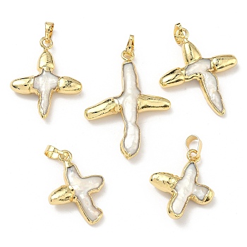 Electroplated Natural Baroque Keshi Pearl Pendants, Airplane Charms with Brass Snap on Bails, Floral White, Cadmium Free & Lead Free, Long-Lasting Plated, Rack Plating, Real 18K Gold Plated, 29~46x22~33x6~7.5mm, Hole: 7x5mm