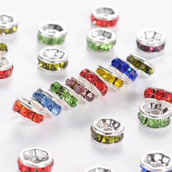 Brass Grade A Rhinestone Spacer Beads, Silver Color Plated, Nickel Free, Mixed Color, 5x2.5mm, Hole: 1mm
