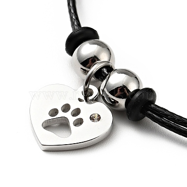 304 Stainless Steel Heart with Paw Print Charm Bracelet with Waxed Cord for Women(BJEW-A125-23)-2