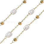 Handmade 304 Stainless Steel ABS Plastic Pearl Beaded Oval Link Chains, Soldered, with 316 Stainless Steel Cable Chains & Spool, Ion Plating(IP), Real 18K Gold Plated, Beads: 4.5x3mm & 2mm(CHS-L032-01G-01)