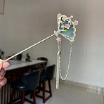 Alloy Enamel Hair Sticks, Hair Accessories for Woman Girls, with Imitation Pearl Beads, Fan with Flower, Olive Drab, 180mm(PW-WGF8E93-02)