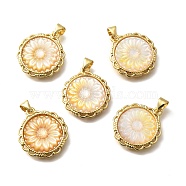 Brass Pave Natural Yellow Shell Carved Flower Pendants, Rack Plating, Golden, 22x19.5x3.5mm, Hole: 3x4mm(X-KK-Z091-02G)