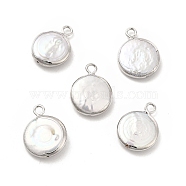 Baroque Natural Keshi Pearl Pendants, Flat Round Charms, with Brass Loops, Platinum, 15~17x11~13x3~4mm, Hole: 1.8mm(PEAR-P004-59P)
