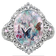 Alloy Resin Finger Rings for Women, Oval with Butterfly, Platinum, US Size 7(17.3mm)(PW-WGB4259-01)