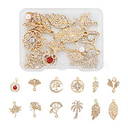 Crafans 24Pcs 12 Style Zinc Alloy Rhinestone Pendant, with Plastic Imitation pearl, Leaf & Flower & Apple & Moon, Light Gold, 16~29x8.5~17.5x2~6mm, Hole: 1.6~2mm, 2Pcs/style(FIND-CF0001-03)