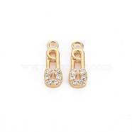 Brass Micro Pave Clear Cubic Zirconia Charms, Nickel Free, Safety Pin, Real 18K Gold Plated, 12.5x4x2mm, Hole: 1.4mm(KK-S356-457-NF)