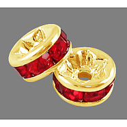 Rhinestone Spacer Beads, Grade A, Golden Copper, Rondelle, Nickel Free, Red, about 5mm in diameter, 2.5mm thick, hole: 1mm(X-RSB035NF-08G)