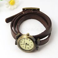 Fashion Triple Wrap Leather Watch Bracelets, with Alloy Watch Components, Antique Bronze, Coconut Brown, 610~620x9x6mm(X-WACH-G009-06)