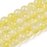 Transparent Crackle Baking Painted Glass Beads Strands, Imitation Opalite, Round, Yellow, 10x9.5mm, Hole: 1.4mm, about 80pcs/strand, 30.87 inch(78.4cm)(DGLA-T003-01C-15)