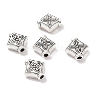 Tibetan Style Alloy Beads, Rhombus with Flower, Antique Silver, 10x10x3.5mm, Hole: 1.6mm, 1204pcs/1000g(FIND-H038-16AS)