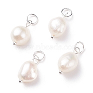 Grade B Natural Cultured Freshwater Pearl Charms, with 304 Stainless Steel Jump Rings, Polished Rice, Silver, 13.5~15x7~7.5x5~6mm, Hole: 3.6mm(PALLOY-JF01497-03)