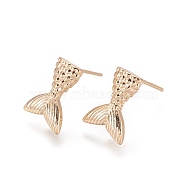 Brass Stud Earring Findings, with Loop, Fish Tail, Long-Lasting Plated, Nickel Free, Real 18K Gold Plated, 13x9.5x1.8mm, Hole: 1mm, Pin: 0.8mm(MAK-I010-03G)