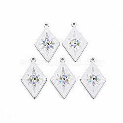 304 Stainless Steel Enamel Pendants, Stainless Steel Color, Rhombus with 8 Pointed Star, White, 25x14.5x1mm, Hole: 1.2mm(STAS-S117-026)