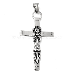 304 Stainless Steel  Pendants, with 201 Stainless Steel Pendant Bails, Cross with Santa Muerte, Gunmetal, 60x33x5.5mm, Hole: 11x6mm(STAS-D110-41BP)