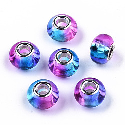 Transparent Two Tone Resin European Beads, Large Hole Beads, with Silver Tone Brass Double Cores, Rondelle, Blue, 14x9.5mm, Hole: 5mm(RPDL-T003-002D)
