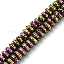 Electroplated Natural Lava Rock Beads Strands, Disc, Rainbow Plated, 6~6.5x3~3.5mm, Hole: 1.2mm, about 124pcs/strand, 15.75''(40cm)(G-A256-E01-01B)