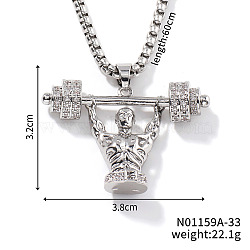 Cool Hip-hop High Street Fashion Brass Crystal Rhinestone Barbell Man Pendant Box Chain Necklaces, Platinum, 23.62 inch(60cm)(HY8946-1)