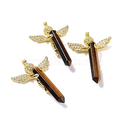 Natural Tiger Eye Faceted Double Terminal Pointed Big Pendants, Angel Charms, with Golden Tone Brass Findings, 54~56x34~36x11~12mm, Hole: 3mm(G-H281-09G-09)