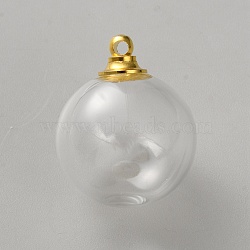 Glass Bottle Pendants, with Brass Findings, Round, Golden, 25x20mm, Hole: 1.8mm(FIND-WH20032-19B-G)
