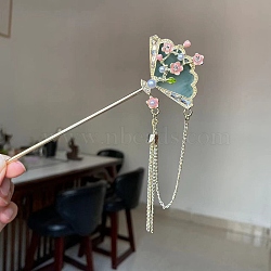 Alloy Enamel Hair Sticks, Hair Accessories for Woman Girls, with Initation Pearl Beads, Fan with Flower, Olive Drab, 180mm(PW-WGF8E93-02)