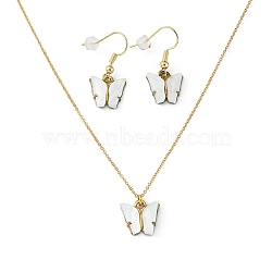 Alloy Acrylic Earrings & Necklaces Jewelry Sets, with Brass Cable Chains, Earring Hooks and 304 Stainless Steel Lobster Claw Clasps, Butterfly, White, Necklaces: 17.71 inch(45cm), Earrings: 29mm, Pin: 0.8mm(SJEW-PH01380-01)
