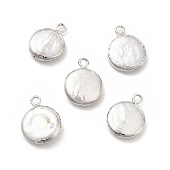 Baroque Natural Keshi Pearl Pendants, Flat Round Charms, with Brass Loops, Platinum, 15~17x11~13x3~4mm, Hole: 1.8mm