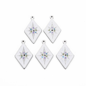 304 Stainless Steel Enamel Pendants, Stainless Steel Color, Rhombus with 8 Pointed Star, White, 25x14.5x1mm, Hole: 1.2mm