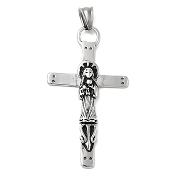 304 Stainless Steel  Pendants, with 201 Stainless Steel Pendant Bails, Cross with Santa Muerte, Gunmetal, 60x33x5.5mm, Hole: 11x6mm