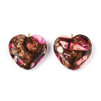 Assembled Bronzite and Imperial Jasper Pendants, with Iron Findings, Heart, Golden, 20~22x19~20x5~7mm, Hole: 2mm