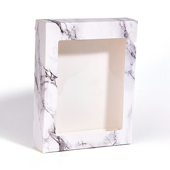 Foldable Creative Kraft Paper Box, Paper Gift Box, with Clear Window, Rectangle with Marble Texture Pattern, White, 17.7x13.5x3.7cm