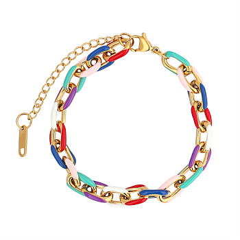 Stainless Steel Cable Chain Bracelets for Women, with Enamel, Real 18K Gold Plated, Colorful, 5-7/8 inch(15cm)